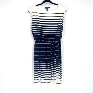 Lauren Ralph Lauren‎ Women's Cap Sleeve Striped A-Line Dress White Blue Size 6